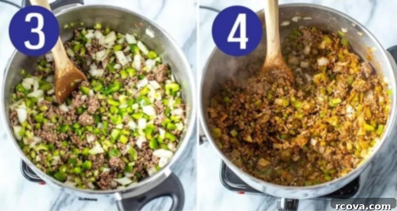 Unlock Wendy's Chili Secret 6 Two images showing the next steps of making Wendy's chili: sautéing vegetables and stirring in seasonings.