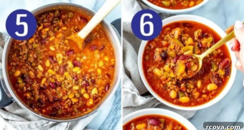Unlock Wendy's Chili Secret 7 Two images displaying the final stages of making Wendy's chili: simmering the ingredients and serving with toppings.