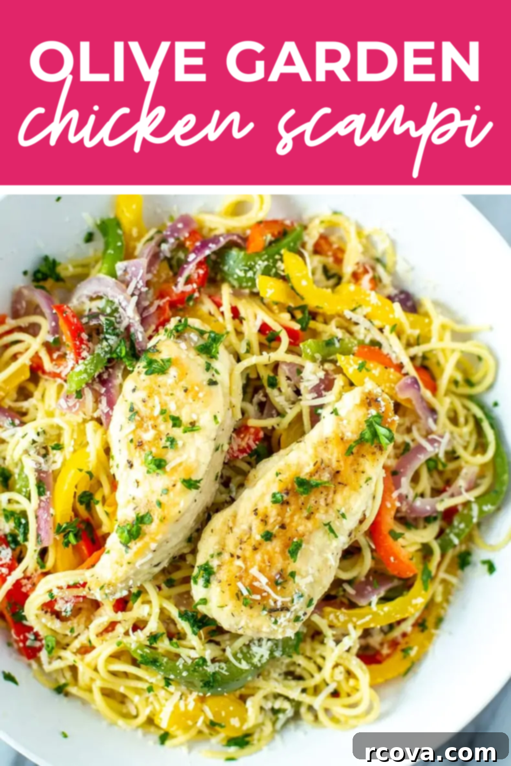 Tuscan Lemon Garlic Chicken Pasta 12 Overhead shot of plated dish with pink banner on the top - reading "olive garden chicken scampi"