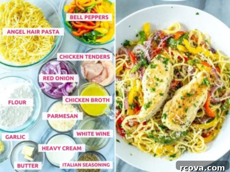 Tuscan Lemon Garlic Chicken Pasta 4 A flat lay image showing all ingredients for Olive Garden chicken scampi: angel hair pasta, a trio of bell peppers, raw chicken tenders, sliced red onion, all-purpose flour, grated parmesan, chicken broth, fresh minced garlic, butter, heavy cream, dry white wine, and Italian seasoning.