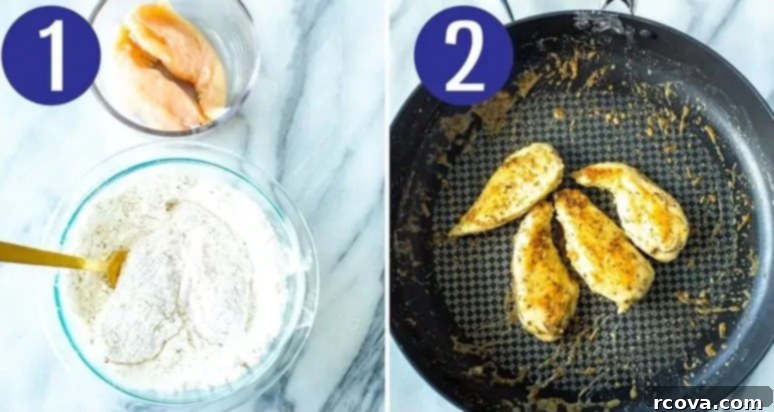 Tuscan Lemon Garlic Chicken Pasta 5 Visual steps 1 and 2 for preparing Olive Garden chicken scampi: breading chicken in flour and Italian seasoning, then cooking it in a skillet until golden.