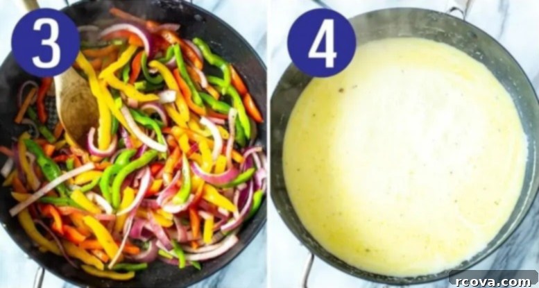 Tuscan Lemon Garlic Chicken Pasta 6 Visual steps 3 and 4 for making Olive Garden chicken scampi: sautéing bell peppers and onions, and then preparing the creamy garlic white wine sauce in the same skillet.