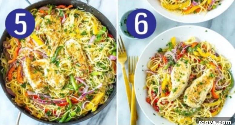 Tuscan Lemon Garlic Chicken Pasta 7 Visual steps 5 and 6 for finishing Olive Garden chicken scampi: combining pasta and sautéed vegetables with the sauce, and then serving topped with cooked chicken and fresh parsley.