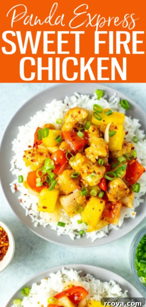 Copycat Panda Express Sweet Fire Chicken 14 This Sweet Fire Chicken is a perfect Panda Express copycat with chicken, red pepper, onion and pineapple in a spicy sweet chili sauce. #sweetfirechicken #pandaexpress