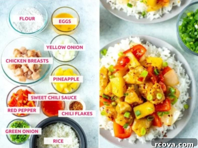 Copycat Panda Express Sweet Fire Chicken 4 Ingredients for Panda Express sweetfire chicken: flour, eggs, yellow onion, chicken breasts, pineapple, sweet chili sauce, red pepper, chili flakes, green onion, and rice, laid out on a white surface.