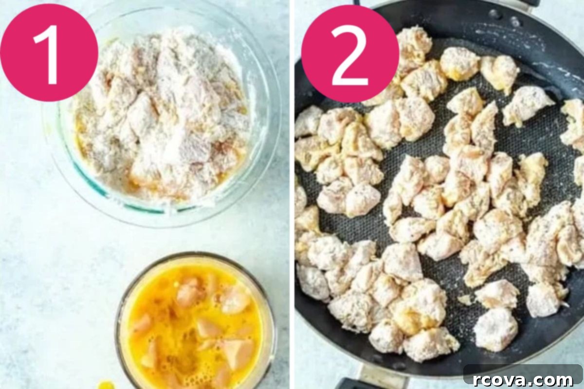 Copycat Panda Express Sweet Fire Chicken 5 Steps 1 and 2 for making Panda Express Sweet Fire Chicken, showing chicken coated in egg and flour, and chicken cooking in a skillet.