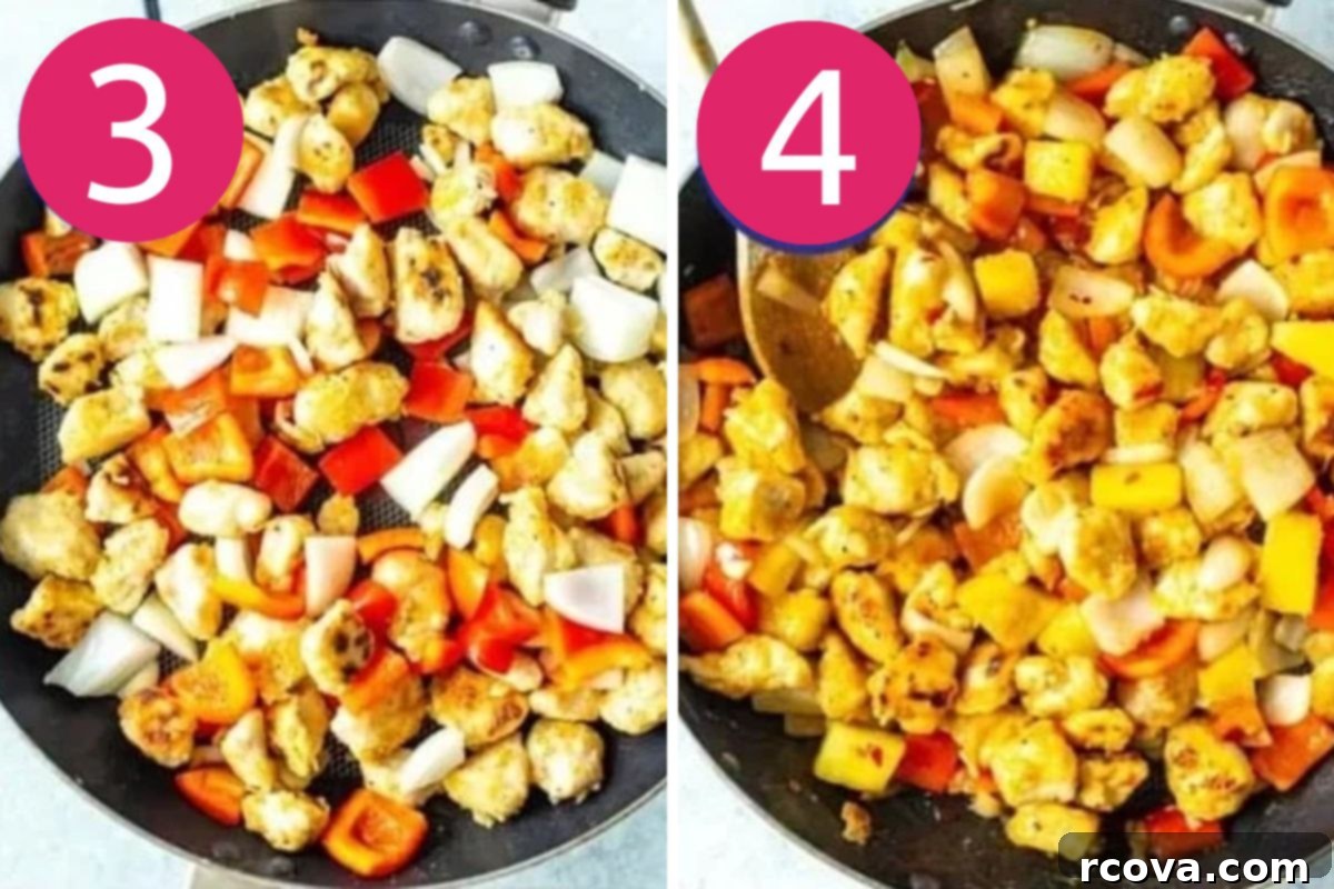 Copycat Panda Express Sweet Fire Chicken 6 Steps 3 and 4 for making Panda Express Sweet Fire Chicken, showing vegetables sautéing in a skillet and then pineapple and sauce being added.