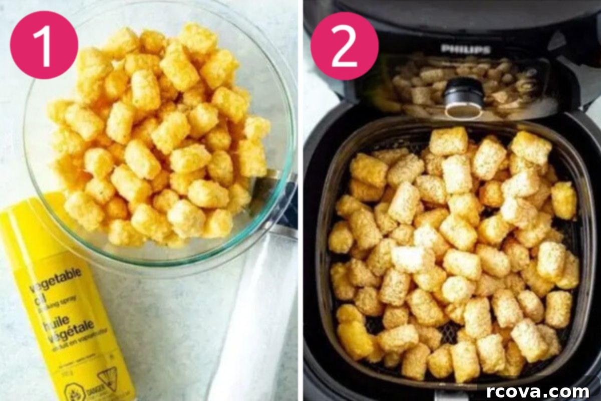 Ultimate Crispy Air Fryer Tater Tots 5 Steps 1 and 2 for making tater tots in the air fryer