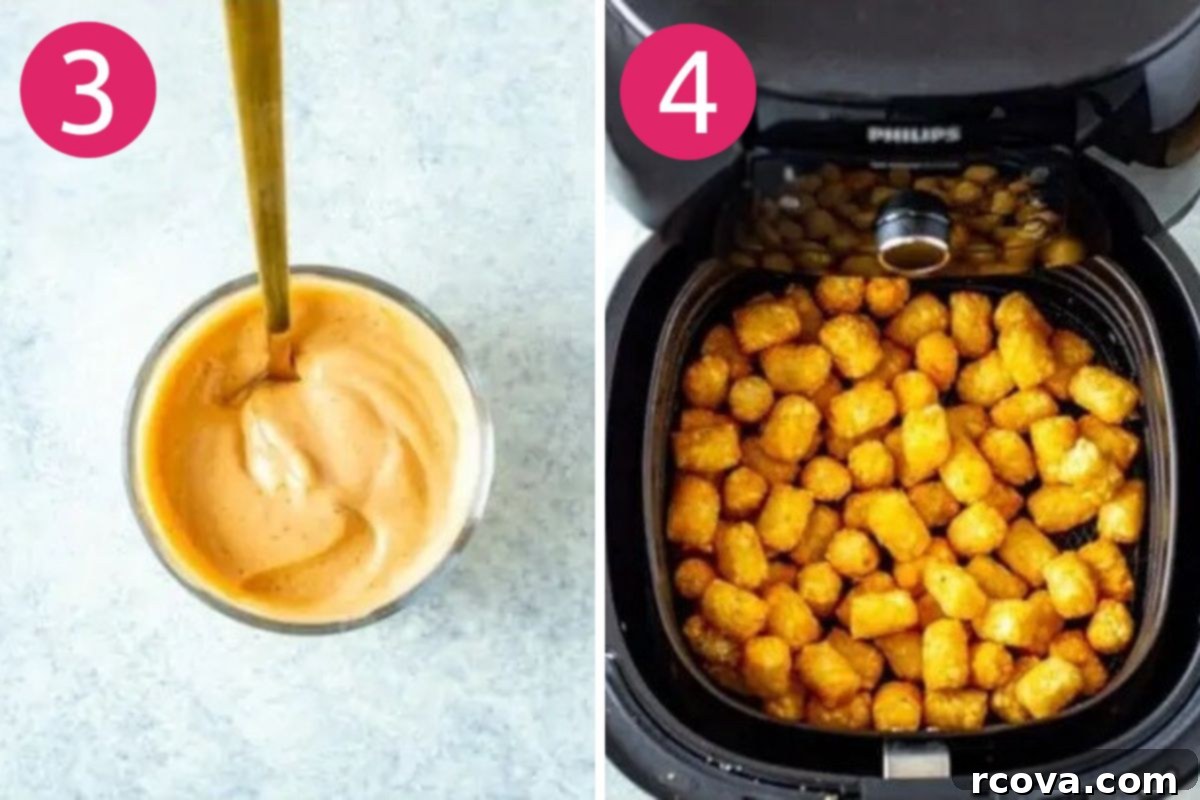 Ultimate Crispy Air Fryer Tater Tots 6 Steps 3 and 4 for making tater tots in the air fryer