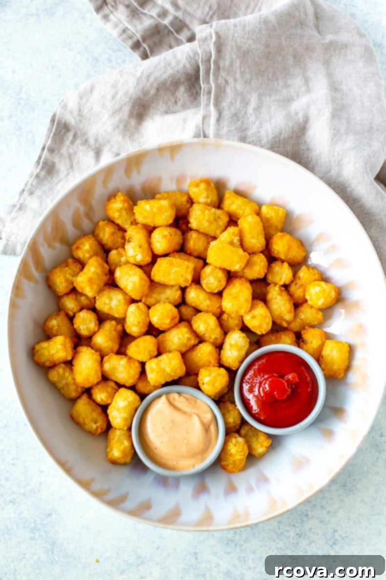 Ultimate Crispy Air Fryer Tater Tots 7 Air Fryer Tater Tots in a serving bowl with sauce