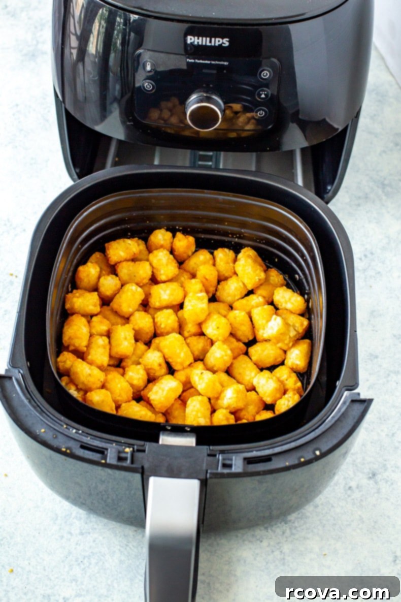 Ultimate Crispy Air Fryer Tater Tots 8 Air Fryer Tater Tots in a metal bowl