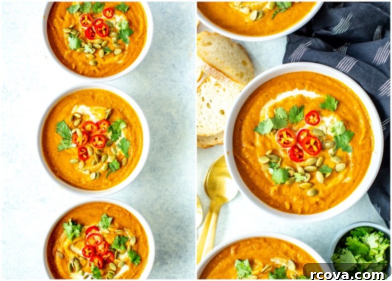 Velvety Spiced Pumpkin Curry Soup 7 Bowls of pumpkin curry soup with a side of bread