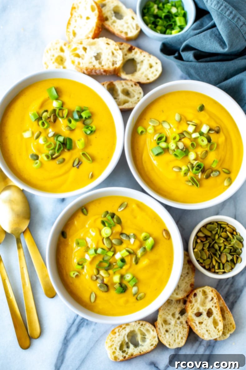 Simply Irresistible Kabocha Squash Soup 2 A bowl of creamy Kabocha Squash Soup garnished with fresh herbs and a drizzle of cream.