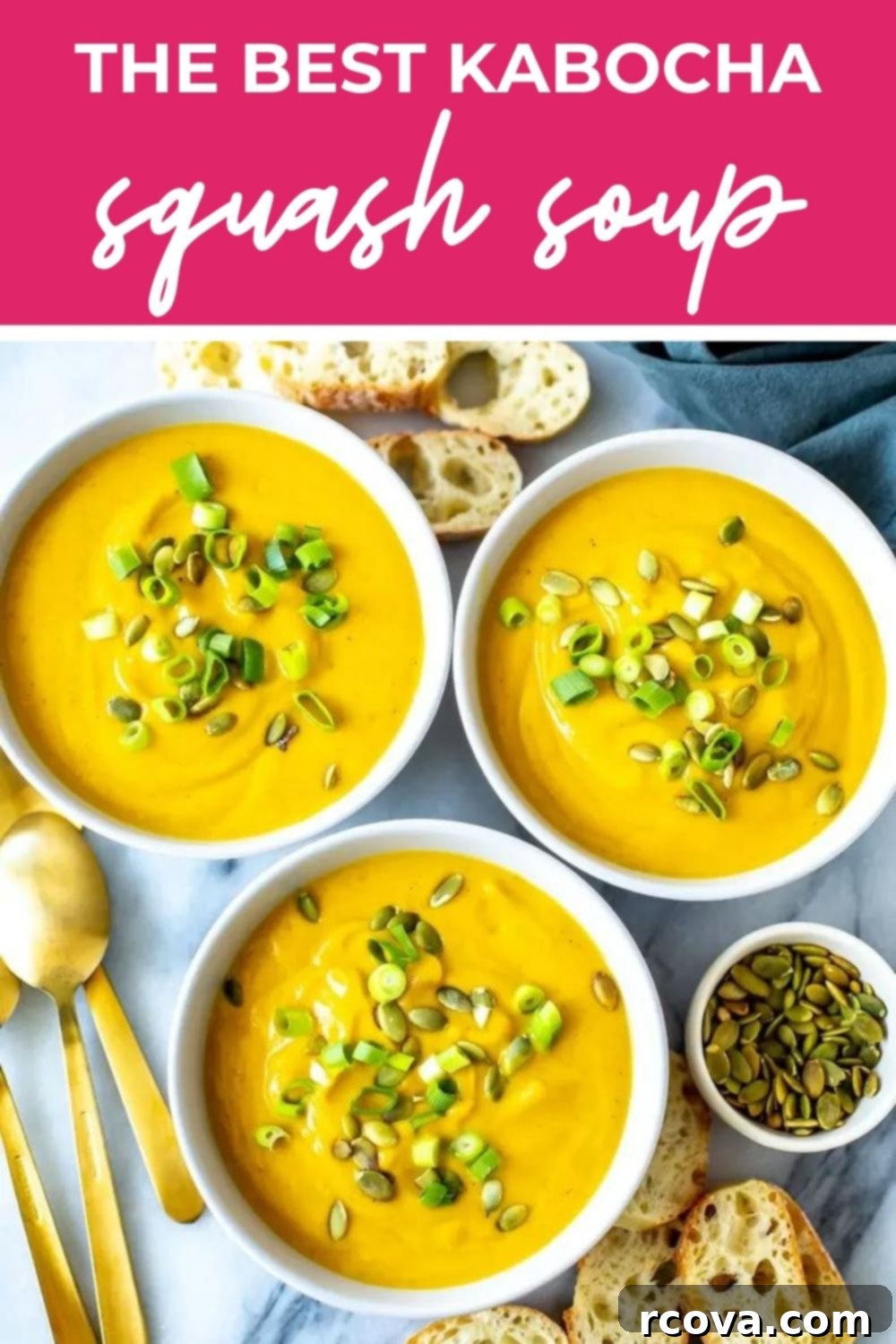 Simply Irresistible Kabocha Squash Soup 11 Three bowls of kabocha squash soup garnished with pumpkin seeds, with text that says 'The Best Kabocha Squash Soup' in a blog pin format.