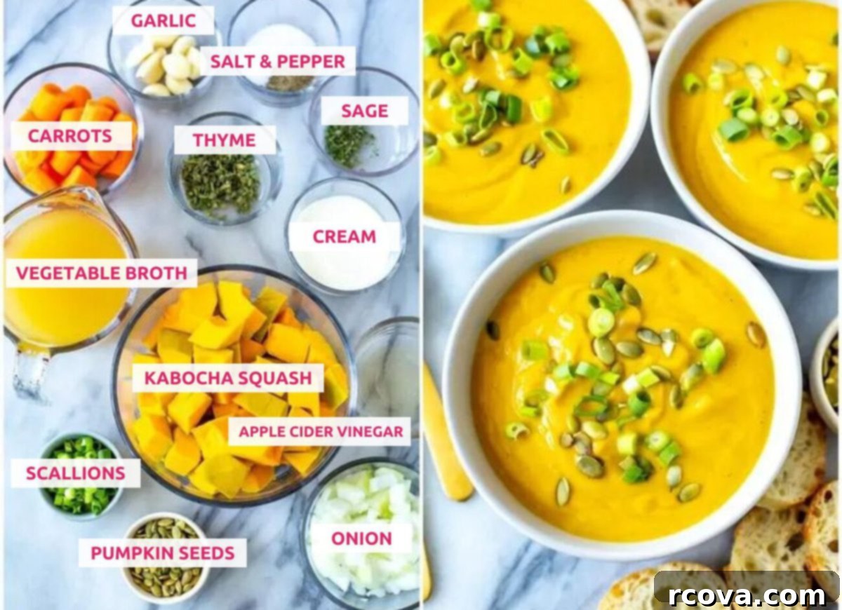 Simply Irresistible Kabocha Squash Soup 4 Ingredients for making creamy kabocha squash soup: whole kabocha squash, garlic, fresh sage, fresh thyme, carrots, yellow onion, heavy cream, vegetable broth, apple cider vinegar, salt & pepper, with pumpkin seeds and scallions for garnish.