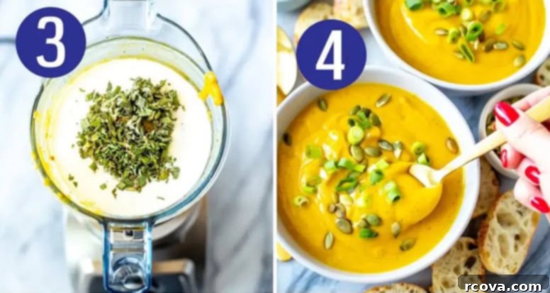 Simply Irresistible Kabocha Squash Soup 6 Two images side by side. Left shows pouring heavy cream, fresh sage, fresh thyme, and apple cider vinegar into the blended soup. Right shows the final smooth, creamy kabocha squash soup in a blender.