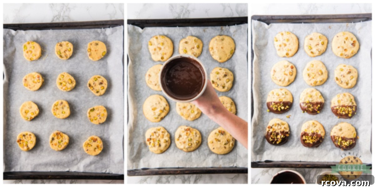 Chocolate Kissed Pistachio Delights 9 Slice and bake the cookies. Dip cooled cookies in chocolate.