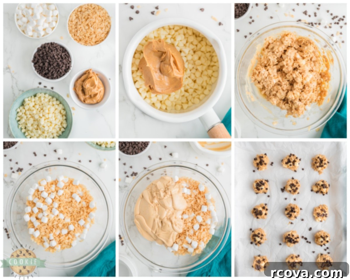 Easy Avalanche Bites 4 Step-by-step process of making no-bake avalanche cookies, showing ingredients combined and ready for shaping.