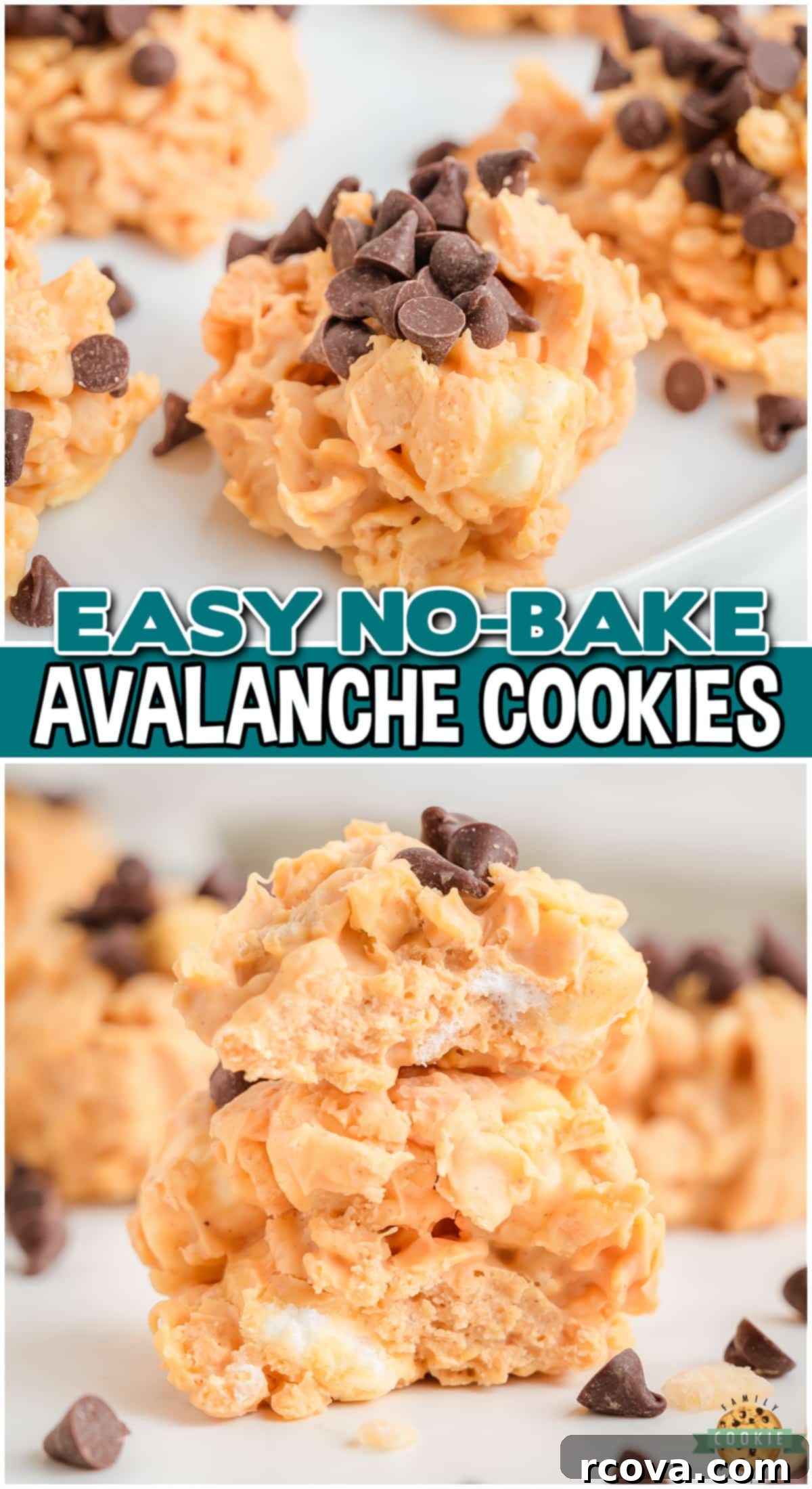 Easy Avalanche Bites 8 A collage featuring delicious No-Bake Avalanche Cookies, highlighting their 5-ingredient simplicity and appealing blend of chocolate, marshmallows, krispie cereal, and peanut butter.