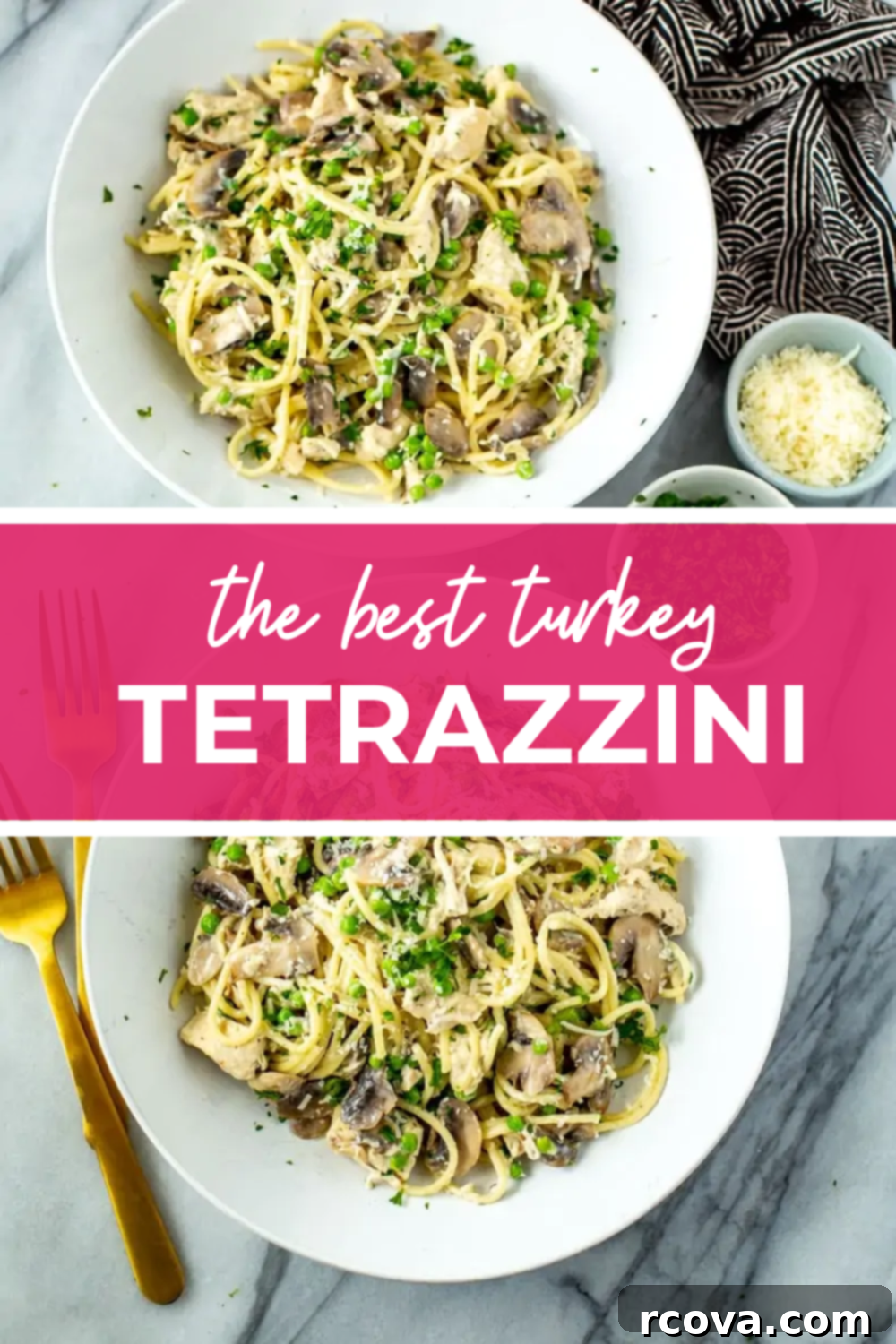 The Ultimate Turkey Tetrazzini Bake 13 Overhead shot of plated dish with pink banner in the middle - reading "the best turkey tetrazzini"