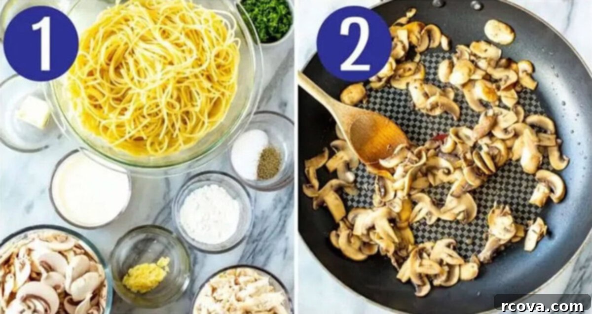 The Ultimate Turkey Tetrazzini Bake 5 Steps 1 and 2 for making turkey tetrazzini: Cook the pasta and saute the mushrooms.