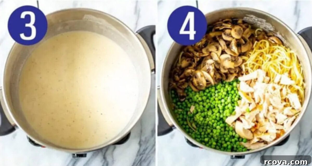 The Ultimate Turkey Tetrazzini Bake 6 Steps 3 and 4 for making turkey tetrazzini: Make the sauce and add everything to the pot.