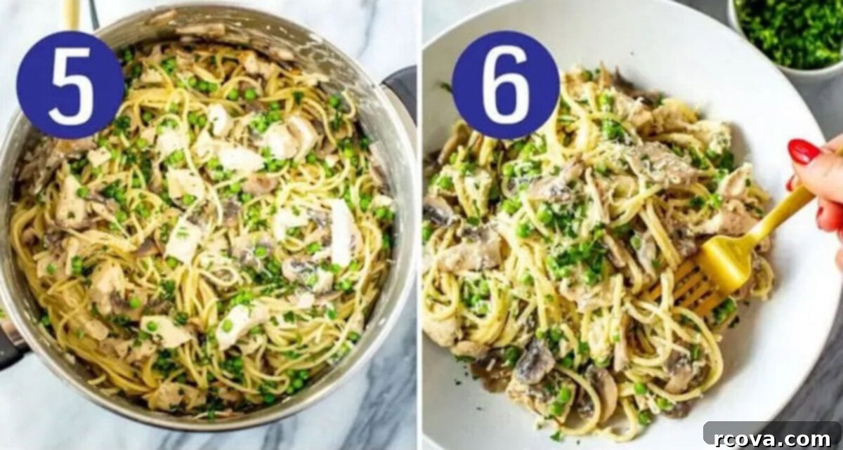 The Ultimate Turkey Tetrazzini Bake 7 Steps 5 and 6 for making turkey tetrazzini: Toss to combine and serve and enjoy!