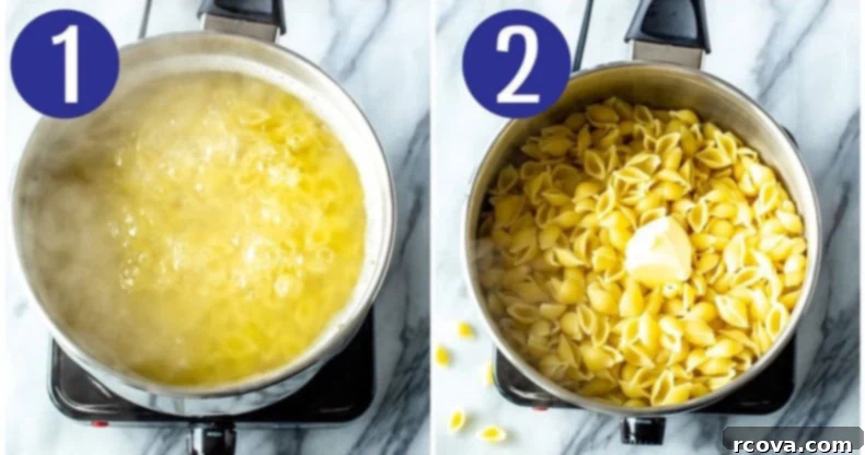 Velvety Pumpkin Mac and Cheese 5 Cooked mini pasta shells in a pot