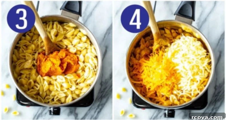 Velvety Pumpkin Mac and Cheese 6 Adding evaporated milk and pumpkin puree to cooked pasta