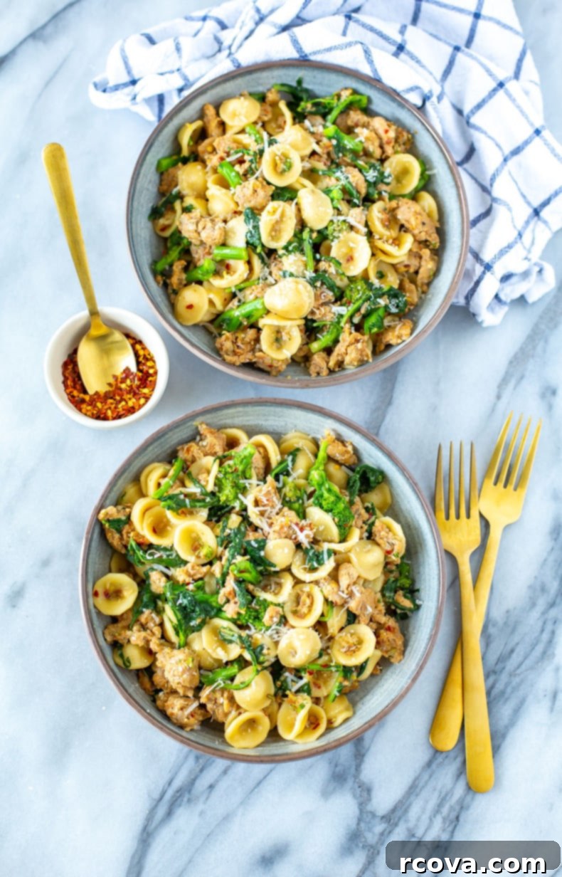 Rustic Orecchiette with Sausage and Broccoli Rabe 2 A close-up shot of a bowl of Orecchiette with Sausage and Broccoli Rabe, showcasing the pasta, crumbled sausage, and vibrant green broccoli rabe mixed together.