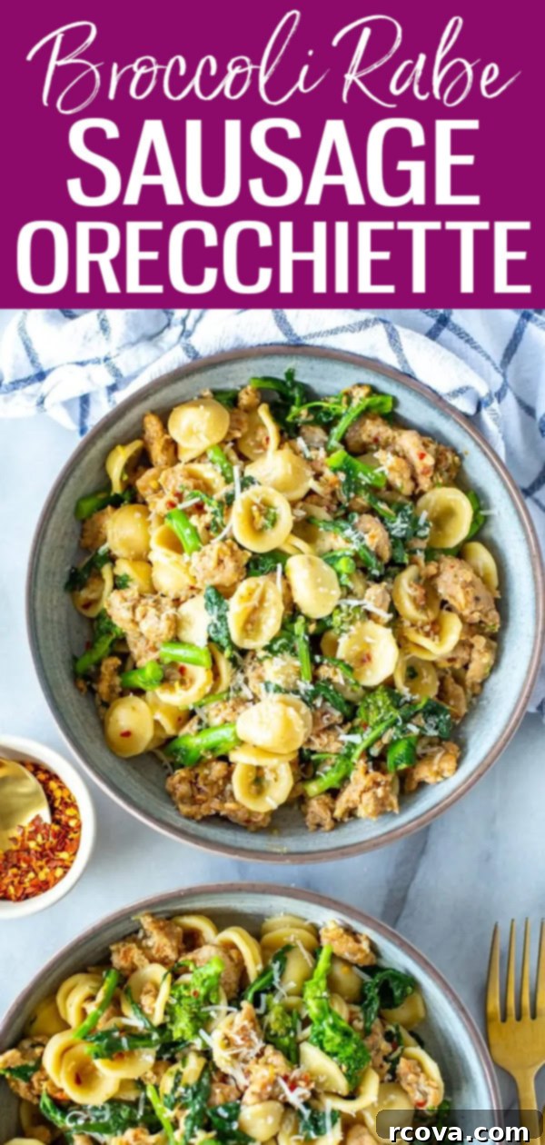 Rustic Orecchiette with Sausage and Broccoli Rabe 13 A top-down shot of a large serving bowl filled with Orecchiette with Sausage & Broccoli Rabe, highlighting the vibrant greens and crumbled savory sausage, ideal for a family meal. #healthyrecipe #quickdinner
