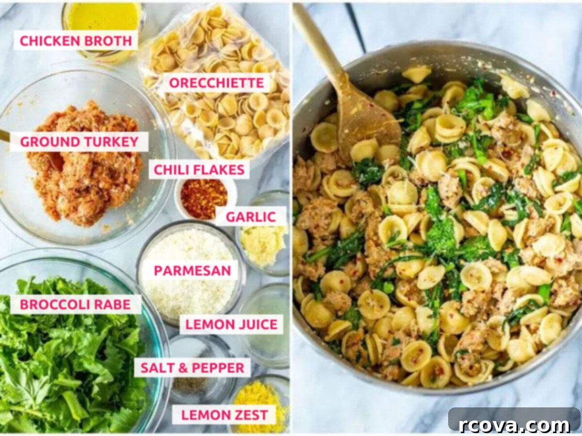 Rustic Orecchiette with Sausage and Broccoli Rabe 4 A flat lay photograph displaying all the fresh ingredients needed for Orecchiette with Sausage and Broccoli Rabe: a bowl of orecchiette pasta, raw ground turkey, a bottle of chicken broth, a small dish of red chili flakes, a block of parmesan cheese, garlic cloves, fresh broccoli rabe, and small bowls of salt, pepper, lemon zest, and lemon juice.