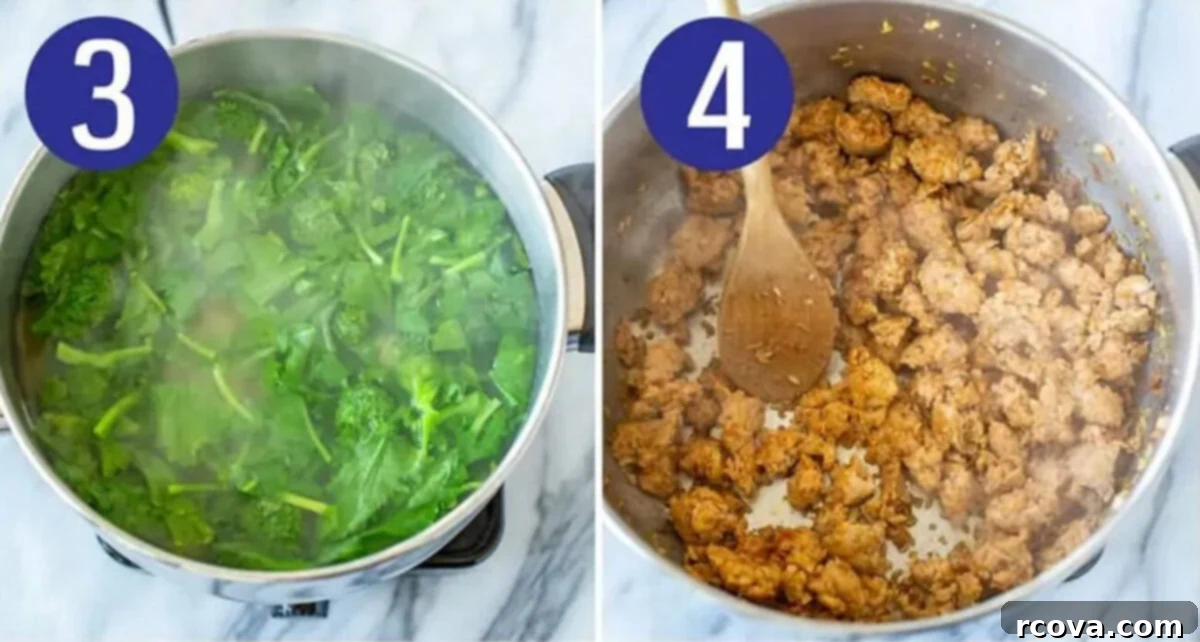Rustic Orecchiette with Sausage and Broccoli Rabe 6 Two side-by-side images demonstrating further steps for Orecchiette with Sausage and Broccoli Rabe. The first image shows chopped broccoli rabe being added to boiling pasta. The second image shows crumbled turkey sausage browning in a large pot with olive oil.