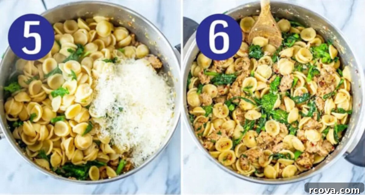 Rustic Orecchiette with Sausage and Broccoli Rabe 7 Two side-by-side images showing the final mixing steps for Orecchiette with Sausage and Broccoli Rabe. The first image shows the cooked pasta and broccoli rabe being added back to the pot with the browned sausage and other ingredients. The second image shows all ingredients mixed thoroughly in the pot, creating a vibrant pasta dish.