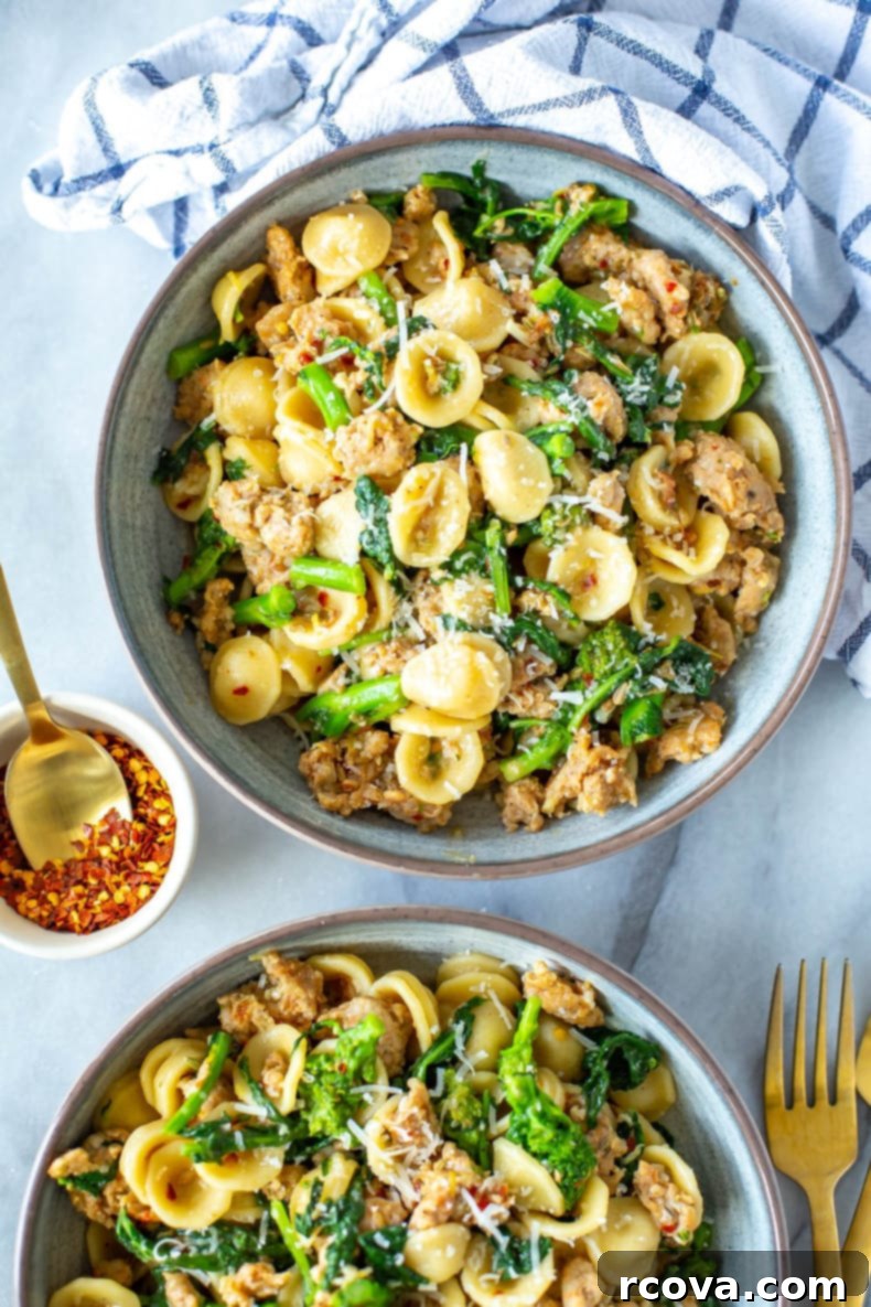 Rustic Orecchiette with Sausage and Broccoli Rabe 10 A top-down view of Orecchiette with Sausage and Broccoli Rabe, beautifully arranged in a bowl, highlighting its rich colors and textures.