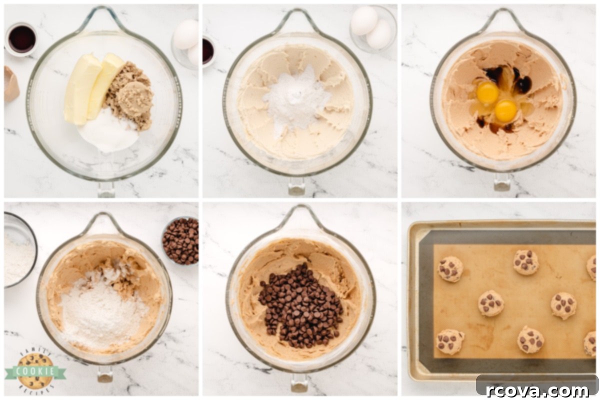 Golden Butterscotch Chocolate Chip Cookies 5 Step-by-step imagery showing the process of mixing dough, scooping onto a baking sheet, and baking Butterscotch Chocolate Chip Cookies.