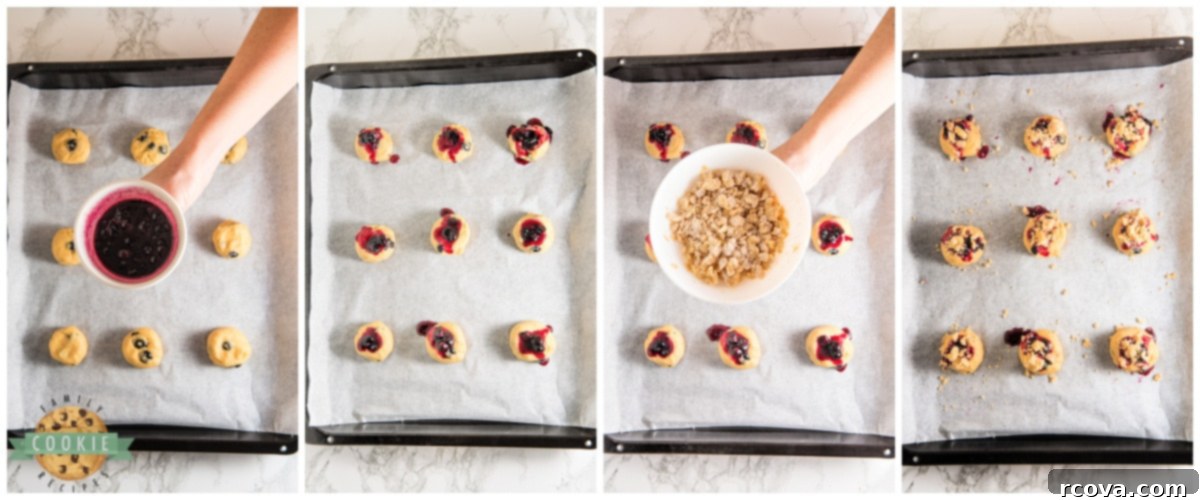 Sunshine Berry Muffin Cookies 12 Assembling cookies by adding blueberry jam into indentations and sprinkling streusel topping before baking.