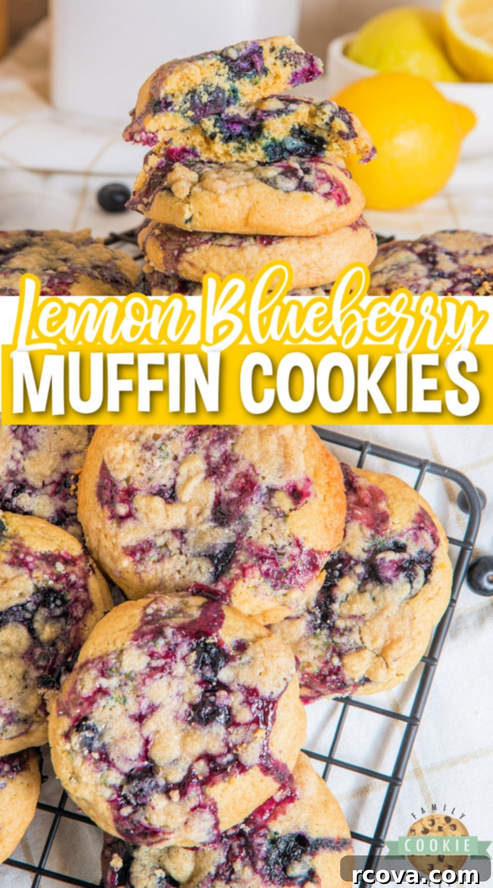 Sunshine Berry Muffin Cookies 18 A close-up shot of several Lemon Blueberry Muffin Cookies on a cooling rack, highlighting their texture and toppings.