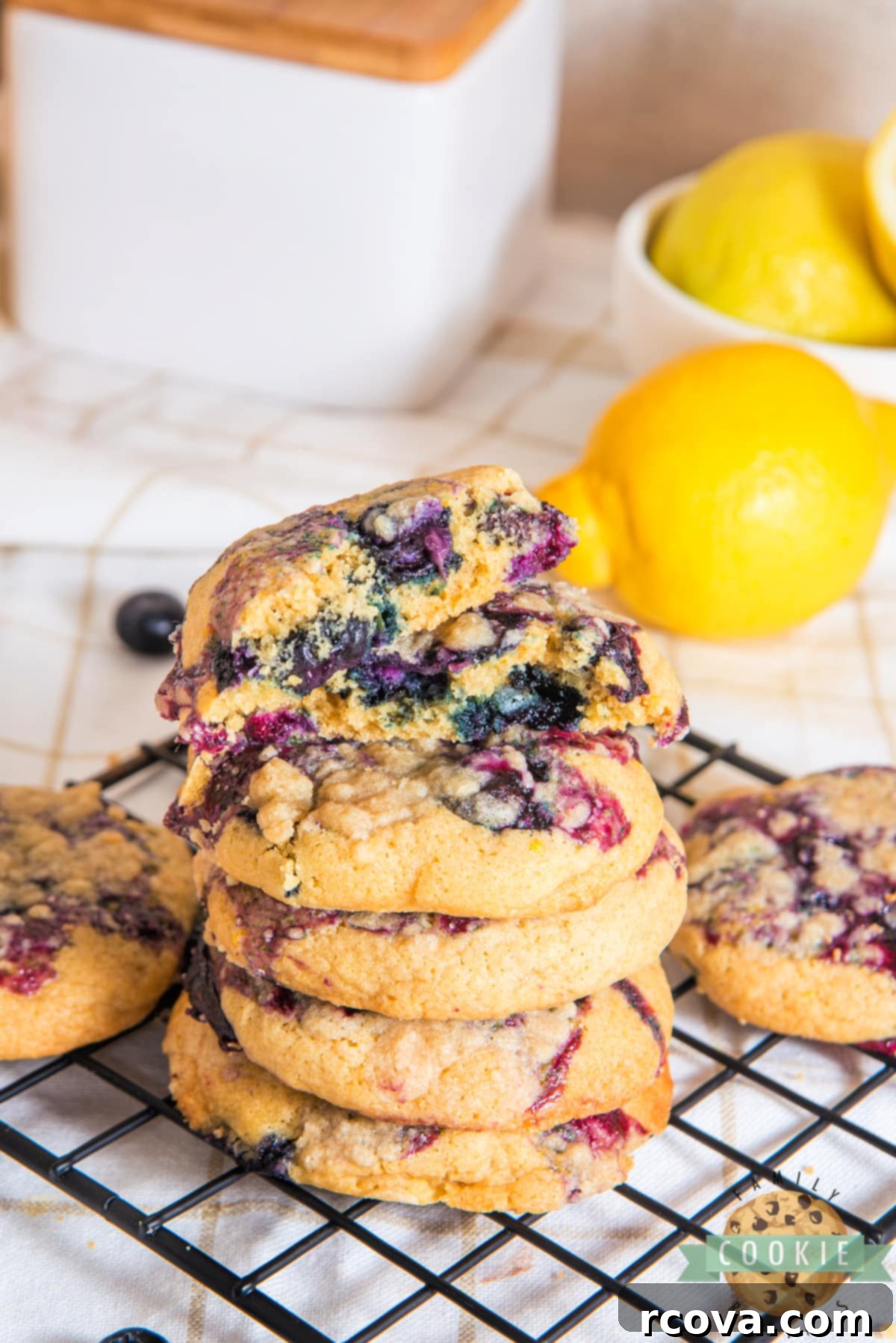 Sunshine Berry Muffin Cookies 3 A beautiful stack of lemon cookies made with fresh, vibrant blueberries and a golden streusel.