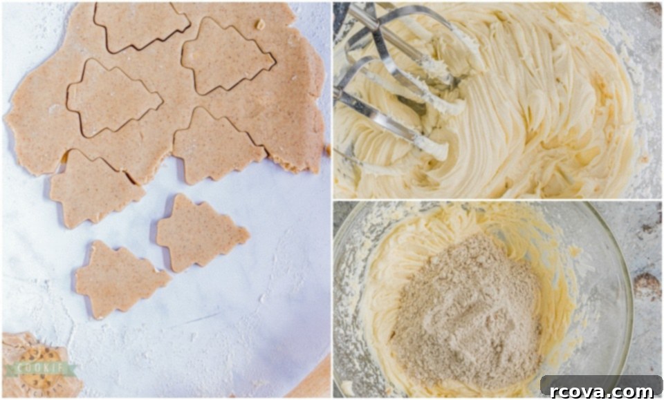 Holiday Spiced Shortbread Delights 4 A collage showing the step-by-step process of making Spiced Christmas Shortbread Cookies, from mixing ingredients to rolling dough and baking.