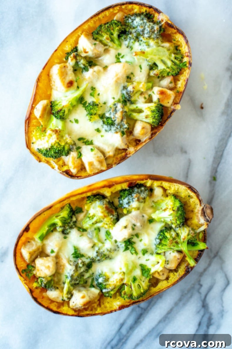 Golden Thread Alfredo 2 Delicious and creamy Spaghetti Squash Alfredo with chicken and broccoli