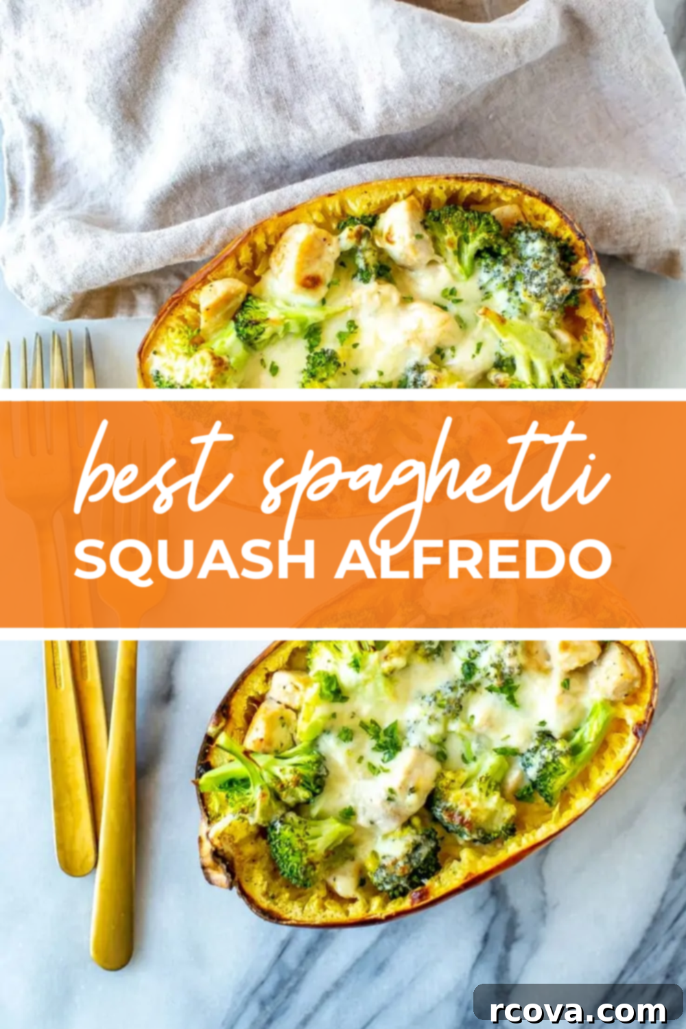 Golden Thread Alfredo 14 overhead shot of spaghetti squash with orange banner in the middle with text reading "best spaghetti squash alfredo"