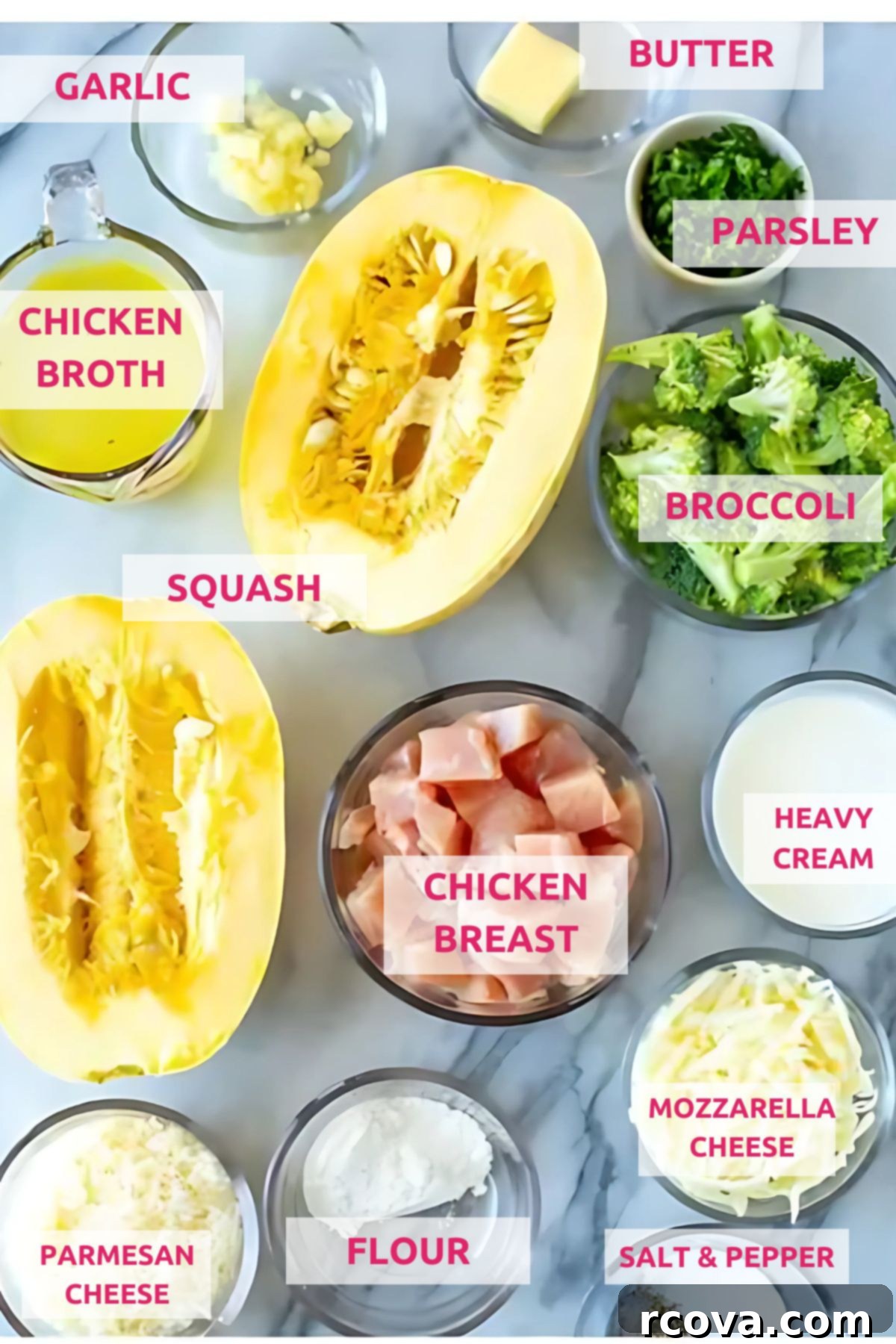 Golden Thread Alfredo 4 Ingredients for spaghetti squash alfresco, including olive oil, spaghetti squash, chicken, broccoli, butter, garlic, flour, chicken broth, heavy cream, and cheeses