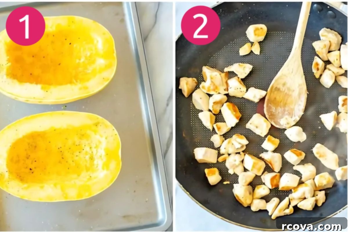 Golden Thread Alfredo 5 Steps 1 and 2 for making spaghetti squash alfresco: cooking the squash and browning the chicken