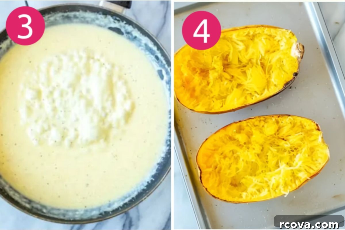 Golden Thread Alfredo 6 Steps 3 and 4 for making spaghetti squash alfresco: making the creamy sauce and scraping the squash strands