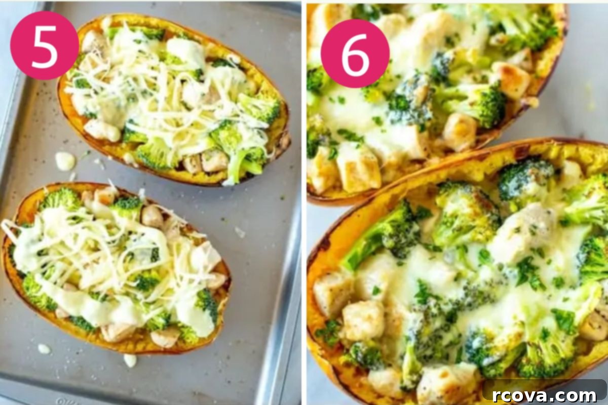 Golden Thread Alfredo 7 Steps 5 and 6 for making spaghetti squash alfredo: stuffing the squash halves and baking until bubbly