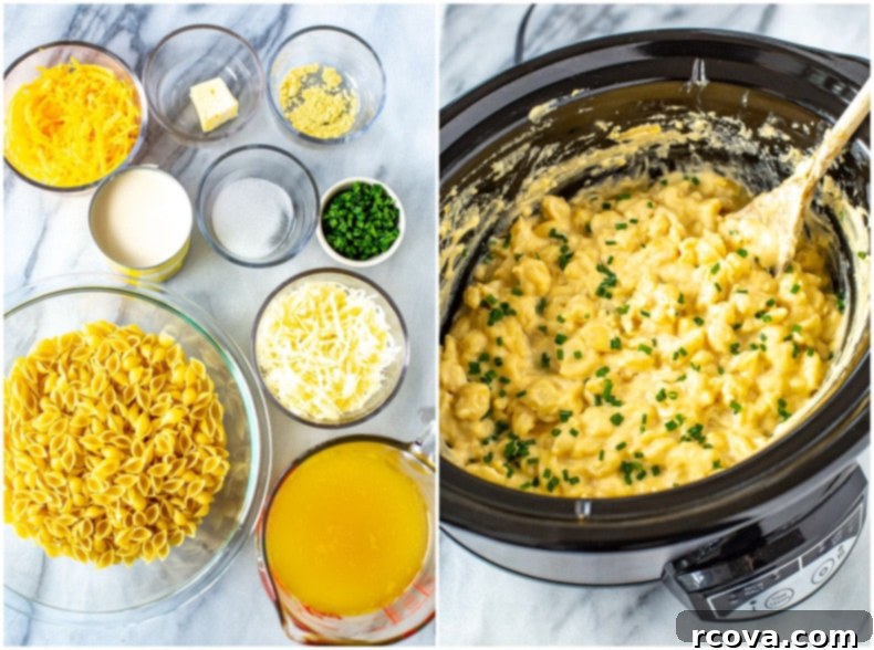 Velvety Slow Cooker Mac and Cheese 5 Slow Cooker Mac and Cheese with a medley of cheeses and uncooked pasta before cooking.