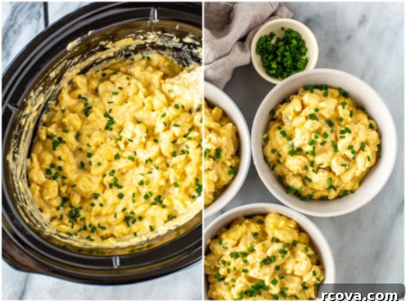 Velvety Slow Cooker Mac and Cheese 8 Large slow cooker filled with creamy mac and cheese, ready to be served.