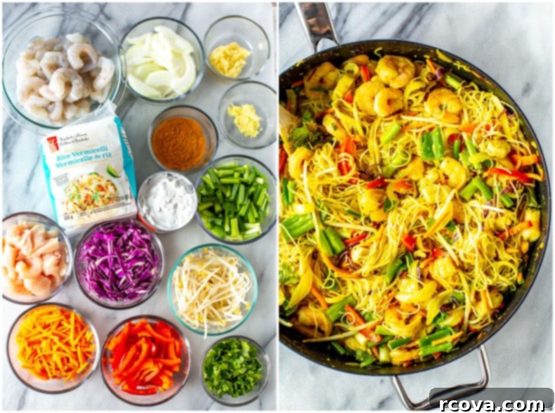 PF Changs Inspired Singapore Street Noodles 4 Close-up of vibrant julienned vegetables (cabbage, carrots, bell pepper) sautéing in a skillet for Singapore Street Noodles.