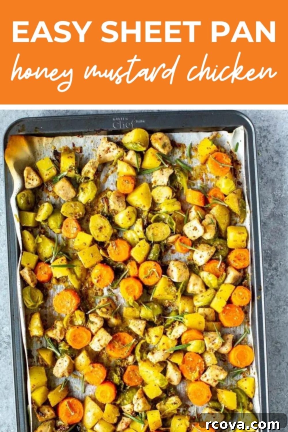 Golden Baked Honey Mustard Chicken 11 Honey mustard chicken and veggies on a sheet pan, with text that says 'Easy Sheet Pan Honey Mustard Chicken'